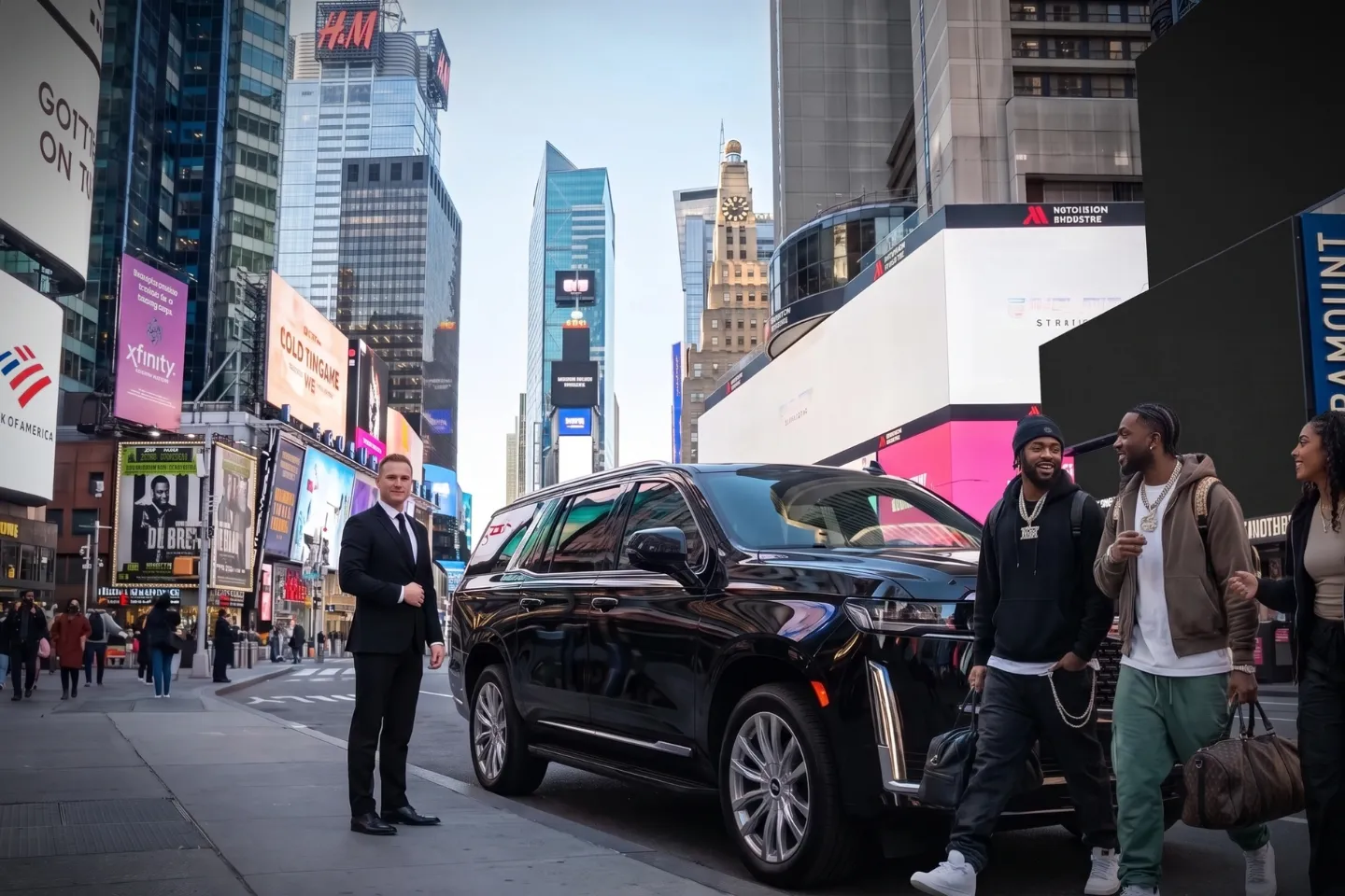 Chauffeur assisting a passenger into a town car amid Times Square crowds