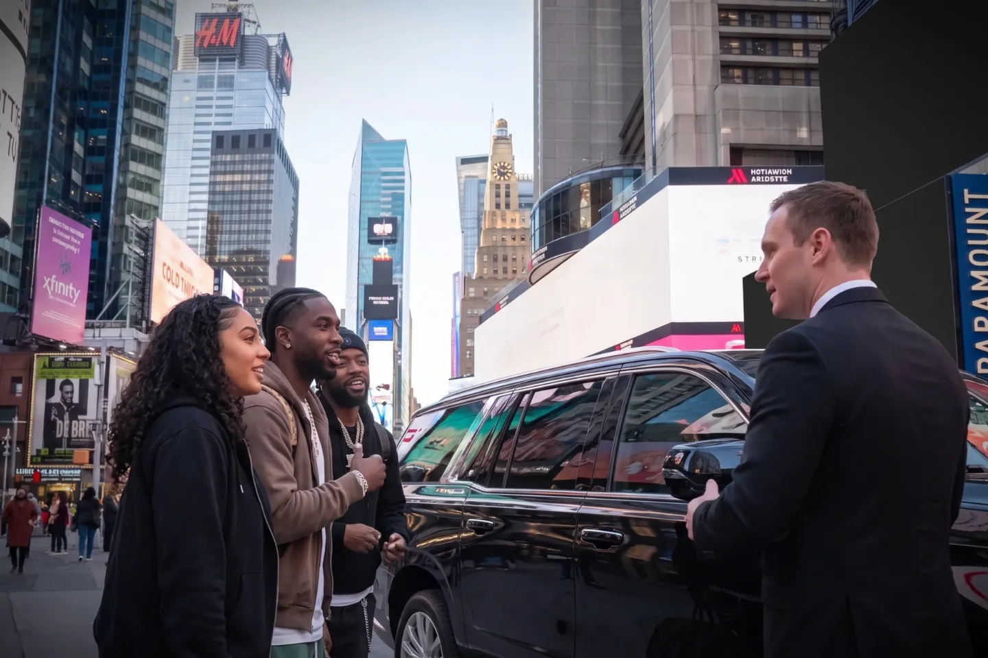 Executive car service vehicle parked under glowing Times Square screens