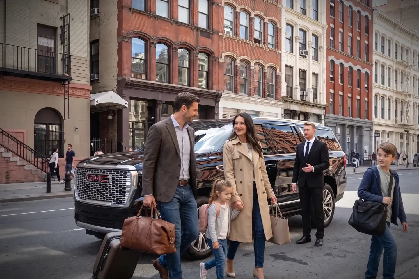 Chauffeur greeting a passenger outside a converted TriBeCa loft building