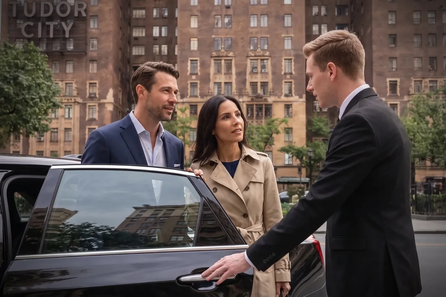 Luxury SUV parked near the private gardens of Tudor City, NY