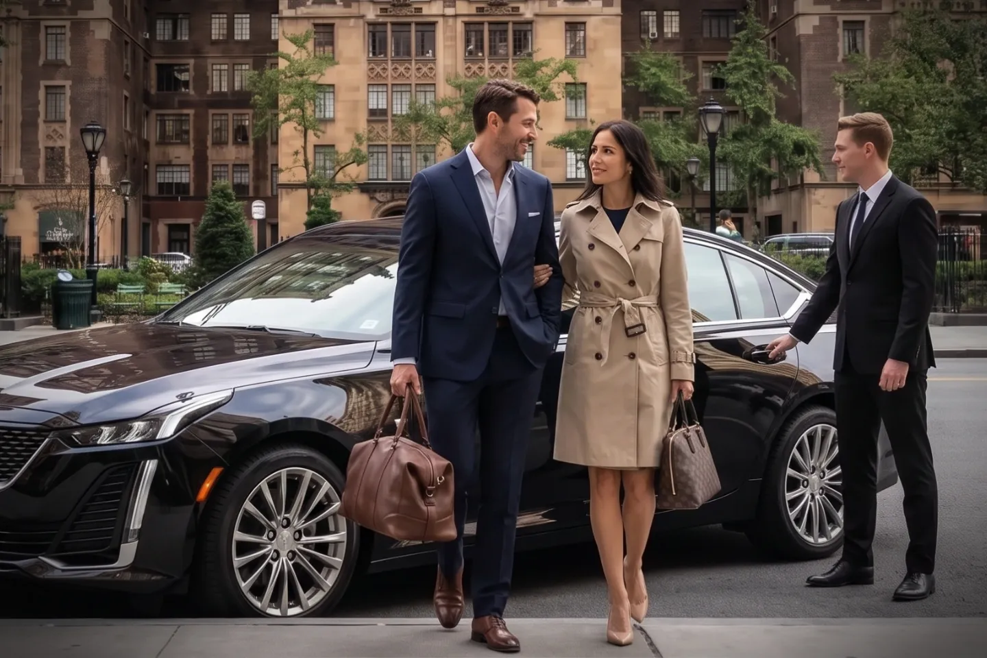 Uniformed driver beside a chauffeured sedan on a Tudor City walkway