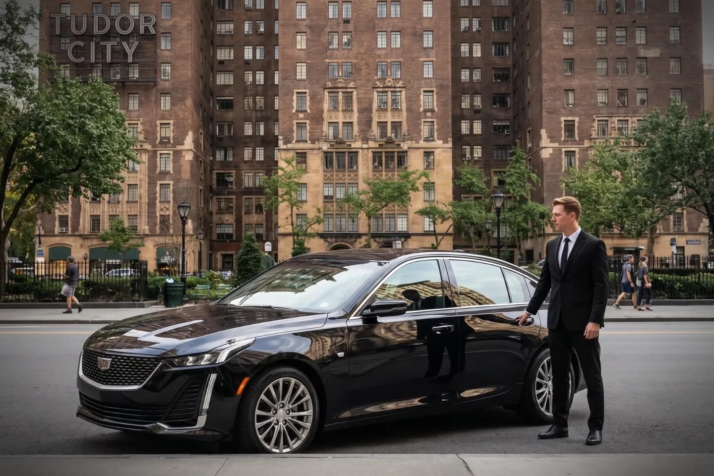 Black sedan waiting outside the Tudor-style buildings of Tudor City, Manhattan