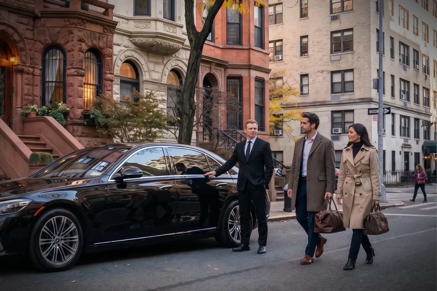 Uniformed driver greeting a passenger on a refined Upper East Side street