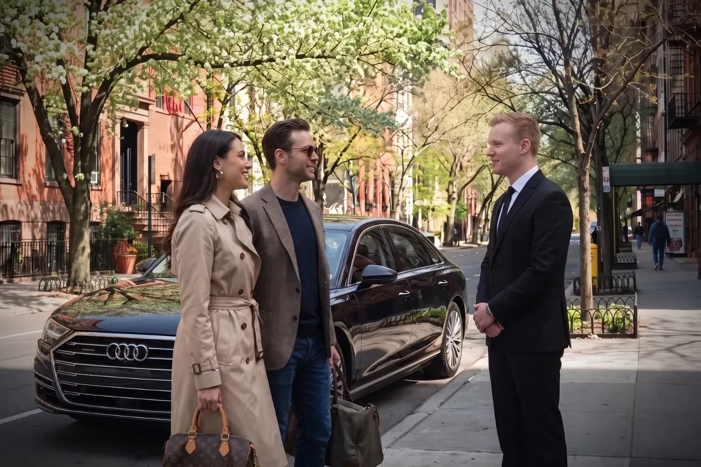 Chauffeur greeting a passenger outside a classic Upper West Side brownstone