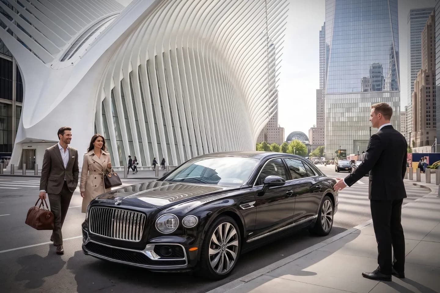 Chauffeur greeting a passenger near the Oculus at the World Trade Center