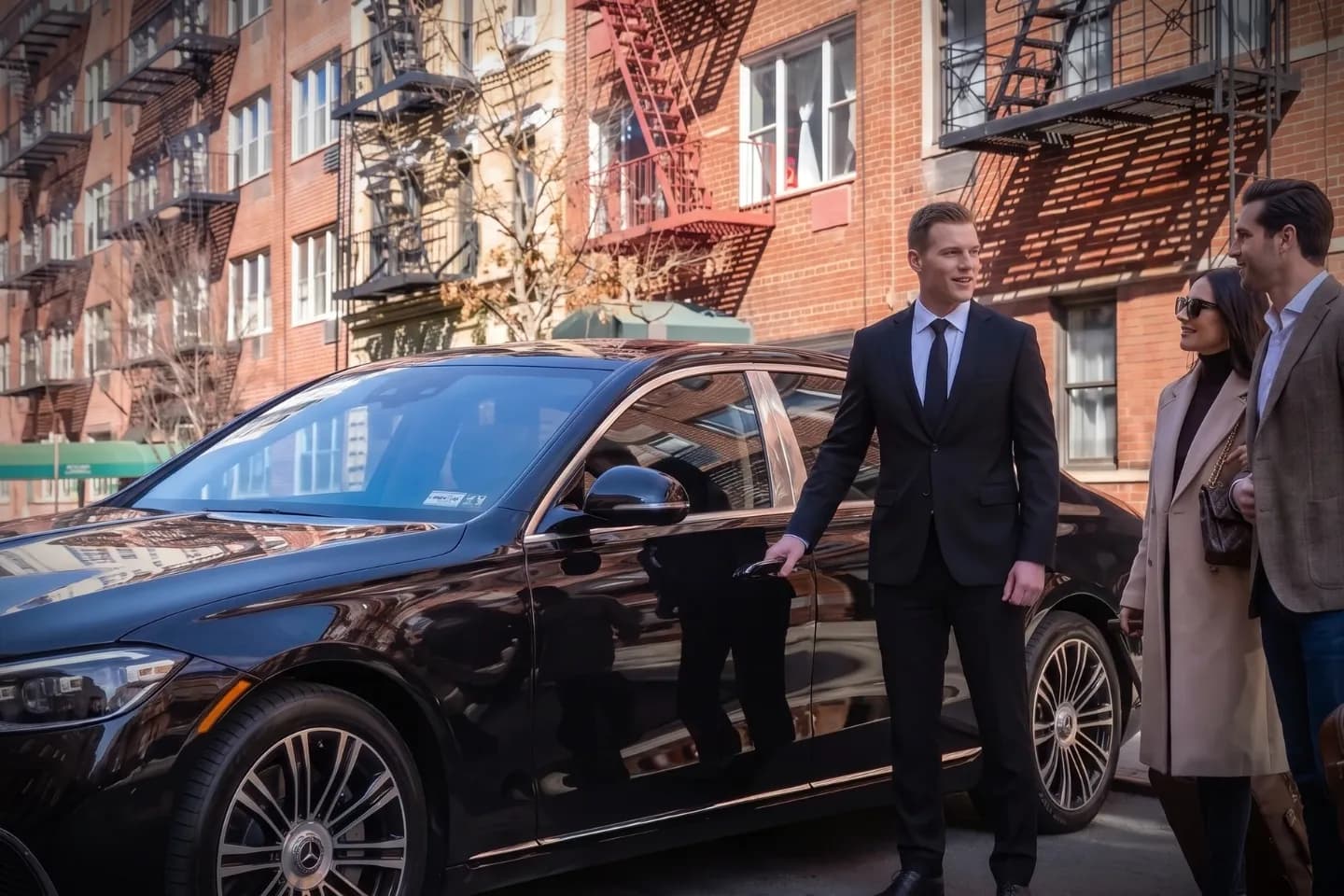 Luxury SUV passing brick buildings on a quiet Yorkville avenue