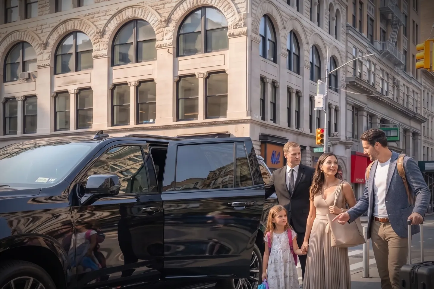 Executive car parked curbside along a bustling Union Square street