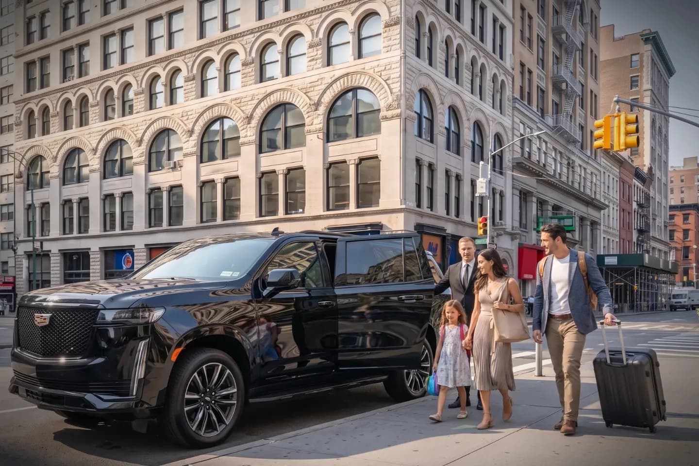 Private SUV passing the busy plaza and shops around Union Square