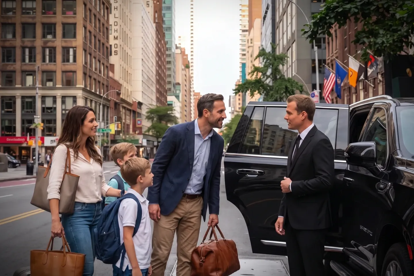 Executive car parked curbside beside glass towers in Downtown Manhattan