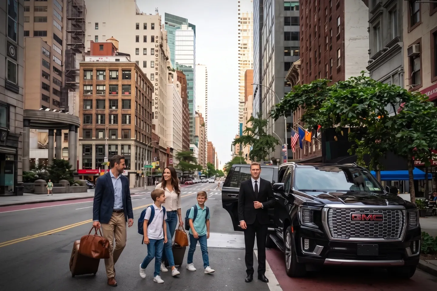 Chauffeur assisting a passenger on a busy Financial District street downtown