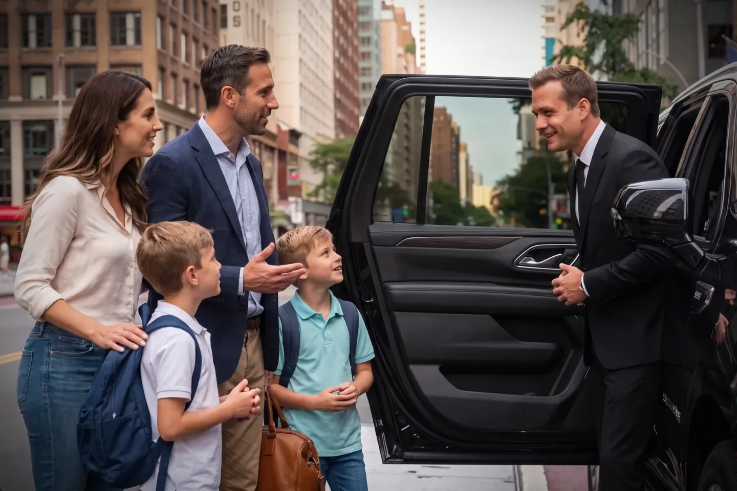 Luxury SUV passing the historic buildings of Lower Manhattan's downtown core