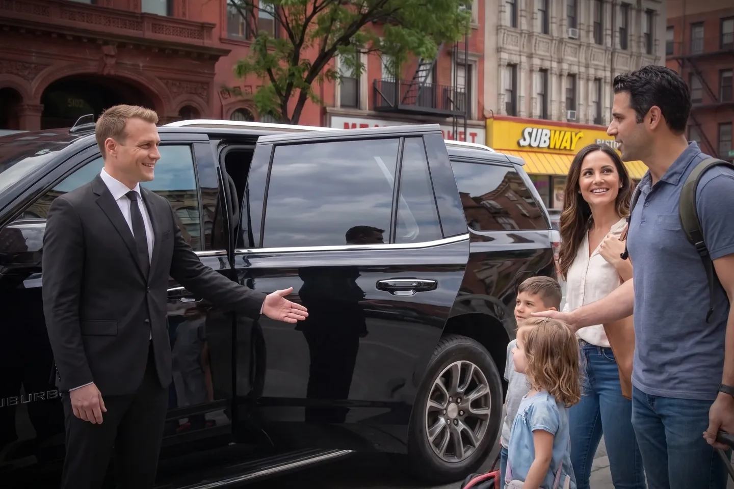 Private SUV passing the old brick facades of Little Germany, Manhattan