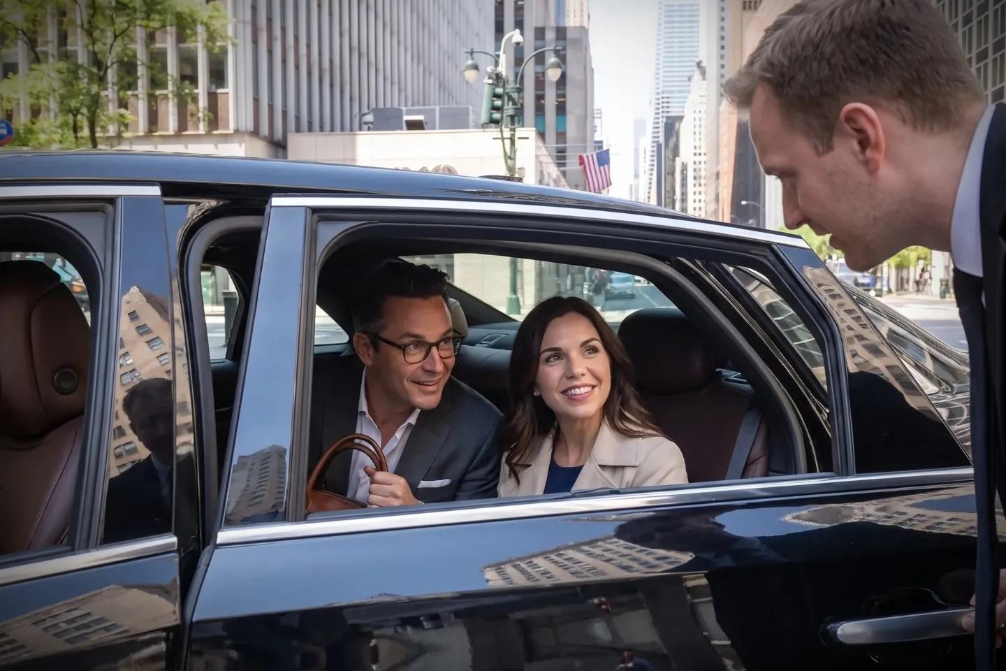 Sleek executive SUV parked outside a Midtown Manhattan office tower