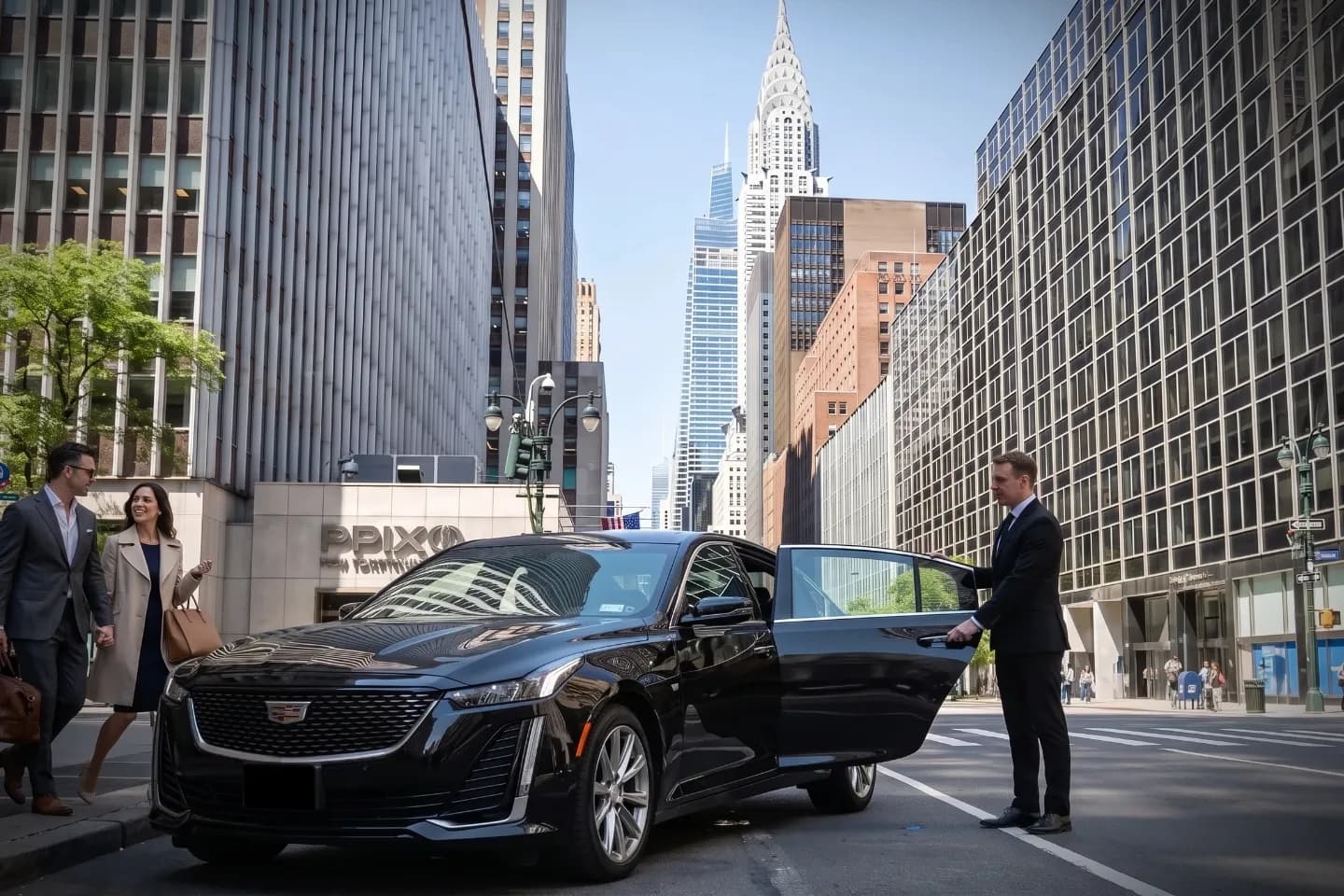 Chauffeur opening the door of a town car near Midtown Manhattan skyscrapers