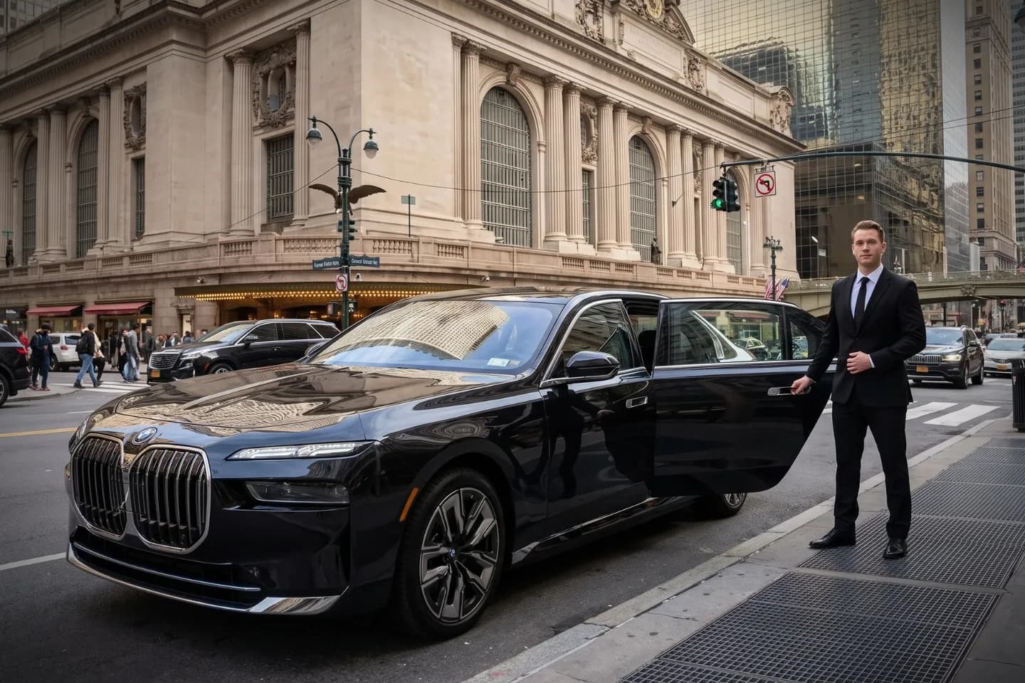Black town car parked along a tree-lined Midtown East Manhattan block