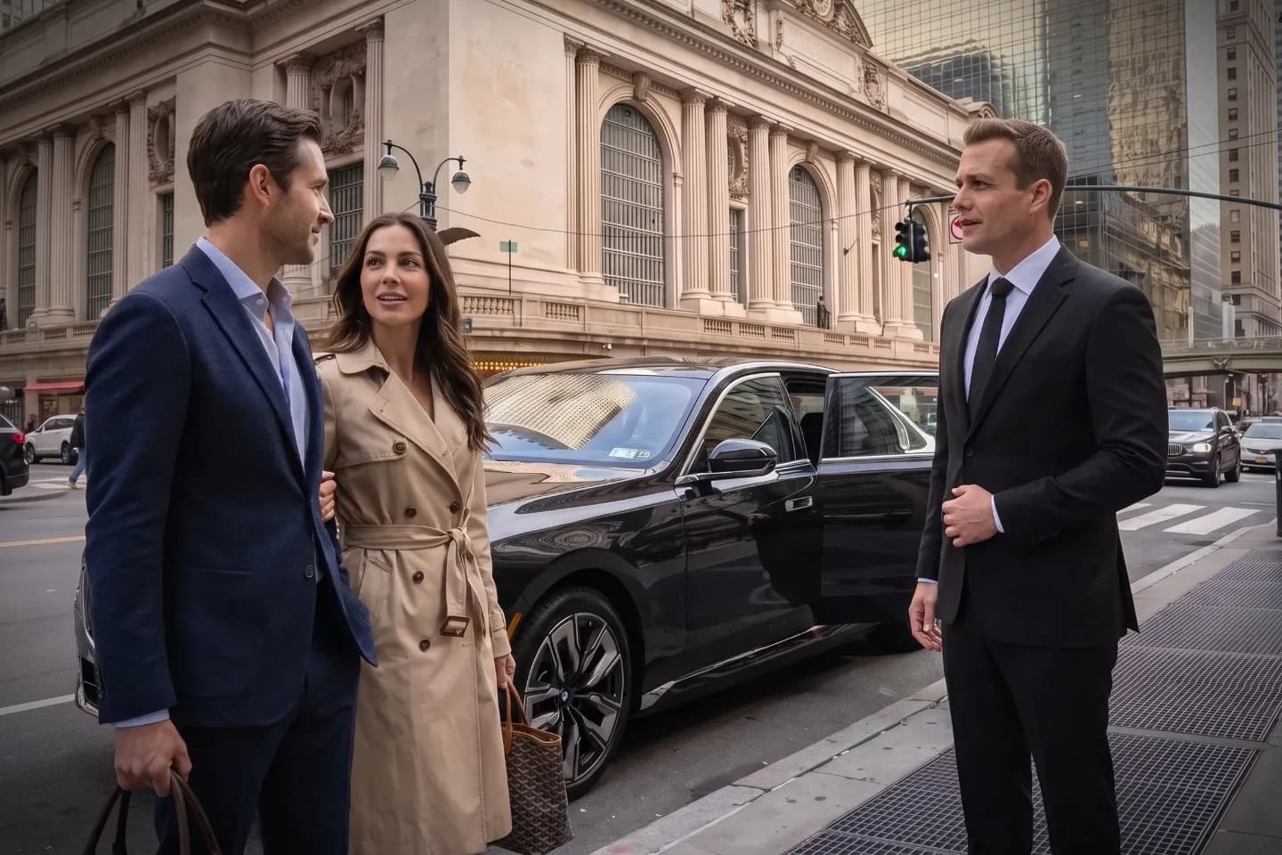 Chauffeur greeting a business traveler outside a Midtown East office building