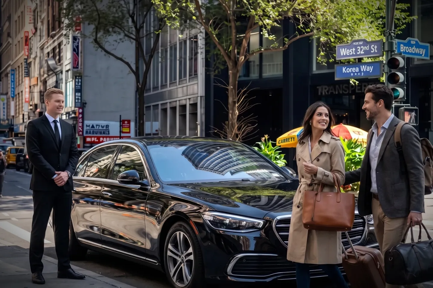 Uniformed chauffeur standing by a sedan on a Midtown South sidewalk