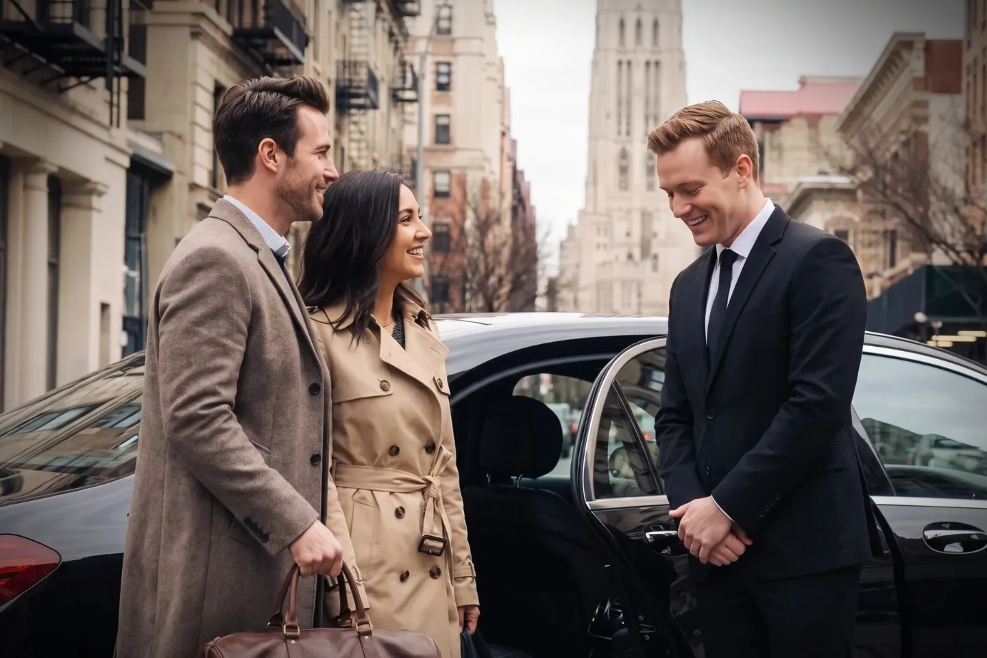 Chauffeur opening a car door outside a Morningside Heights apartment building