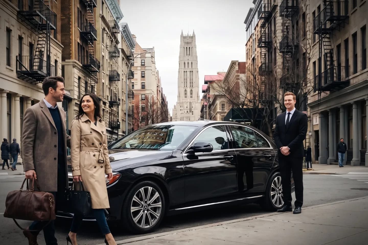 Executive SUV waiting on a leafy street in Morningside Heights Manhattan