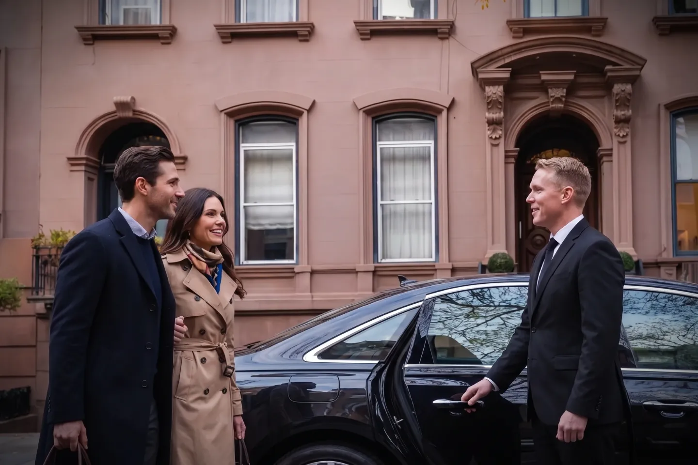 Chauffeur greeting passengers on a quiet Murray Hill NYC residential street