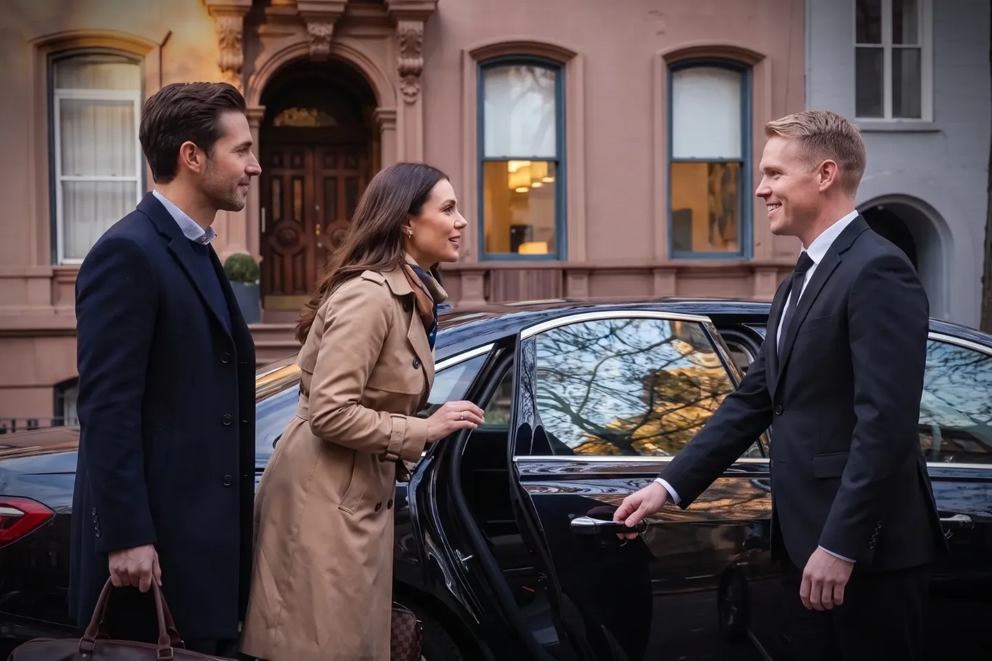 Luxury SUV picking up a traveler outside a Murray Hill apartment building
