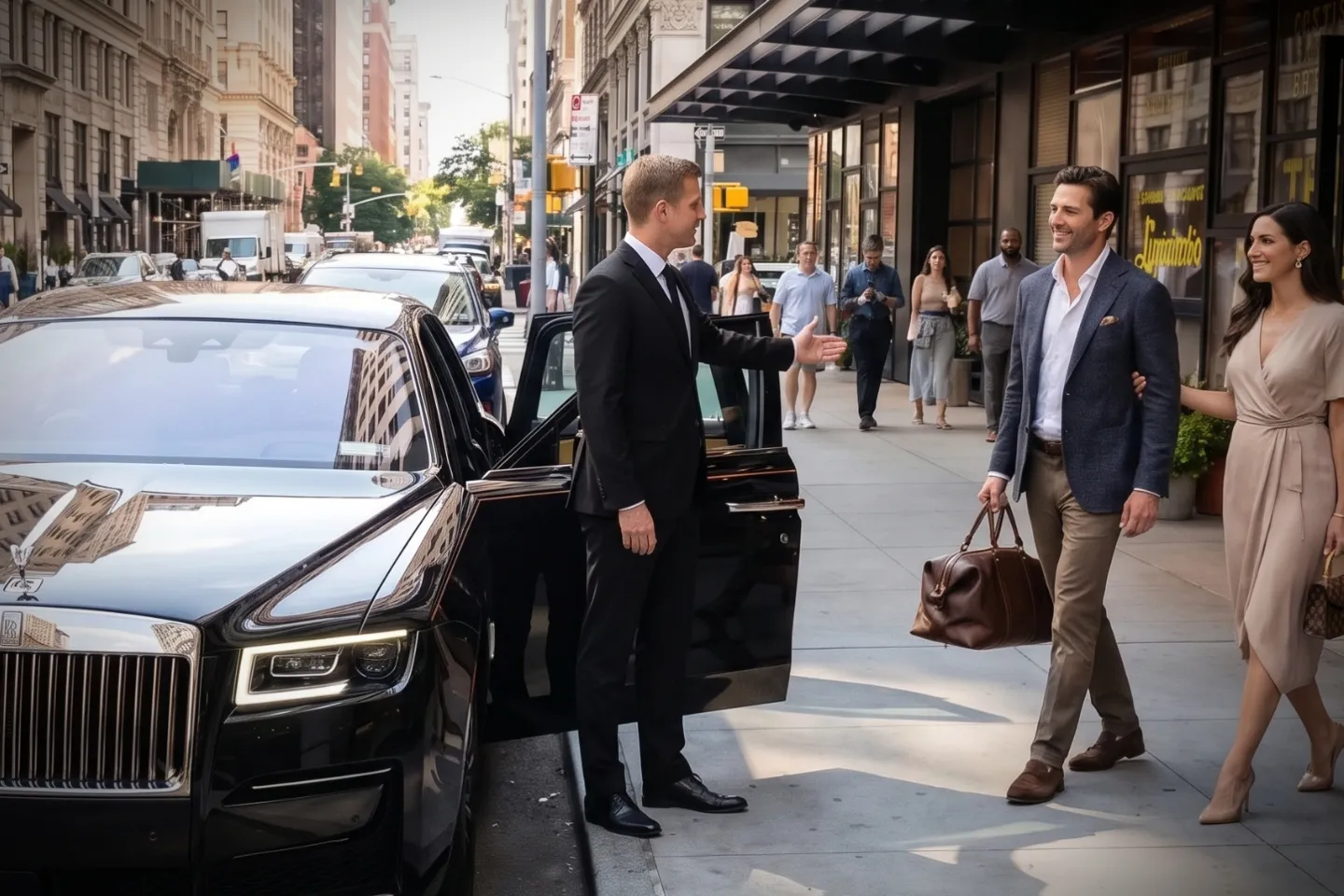Suited driver holding open a car door outside a NoMad hotel