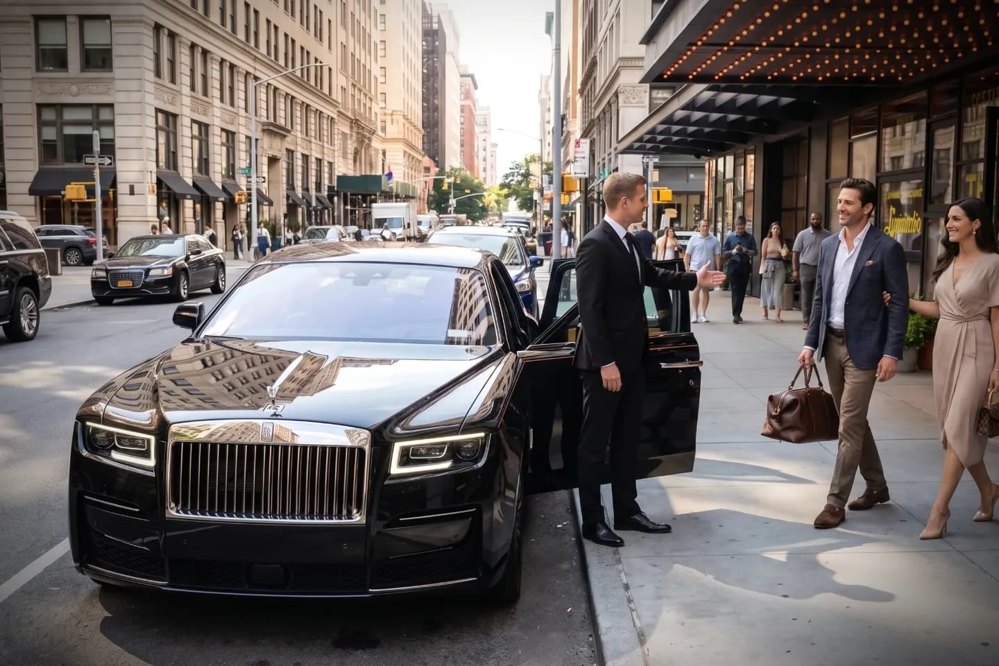 Chauffeur greeting a guest on a busy NoMad NYC avenue