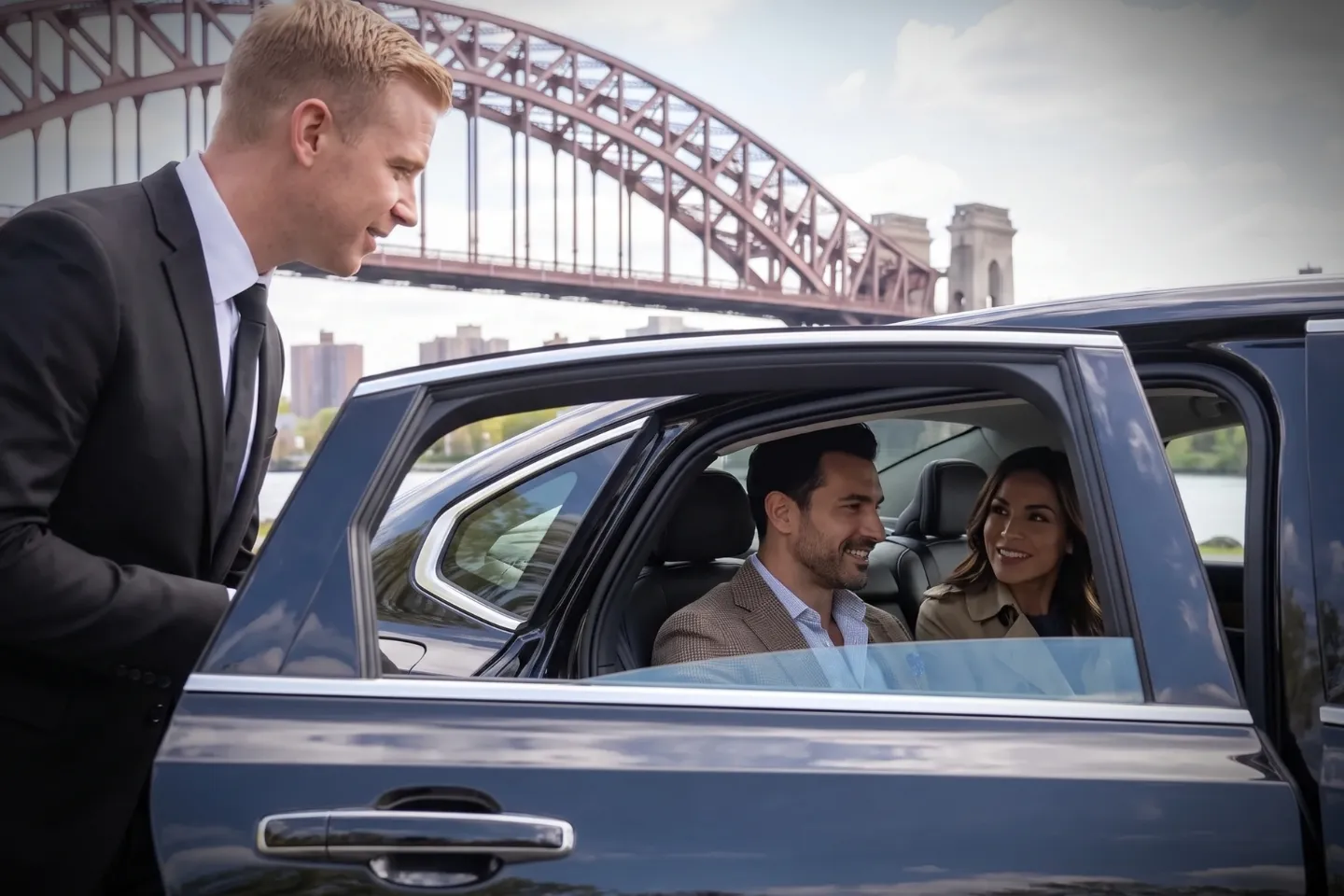 Chauffeur waiting beside a town car on a Randall's Island roadway