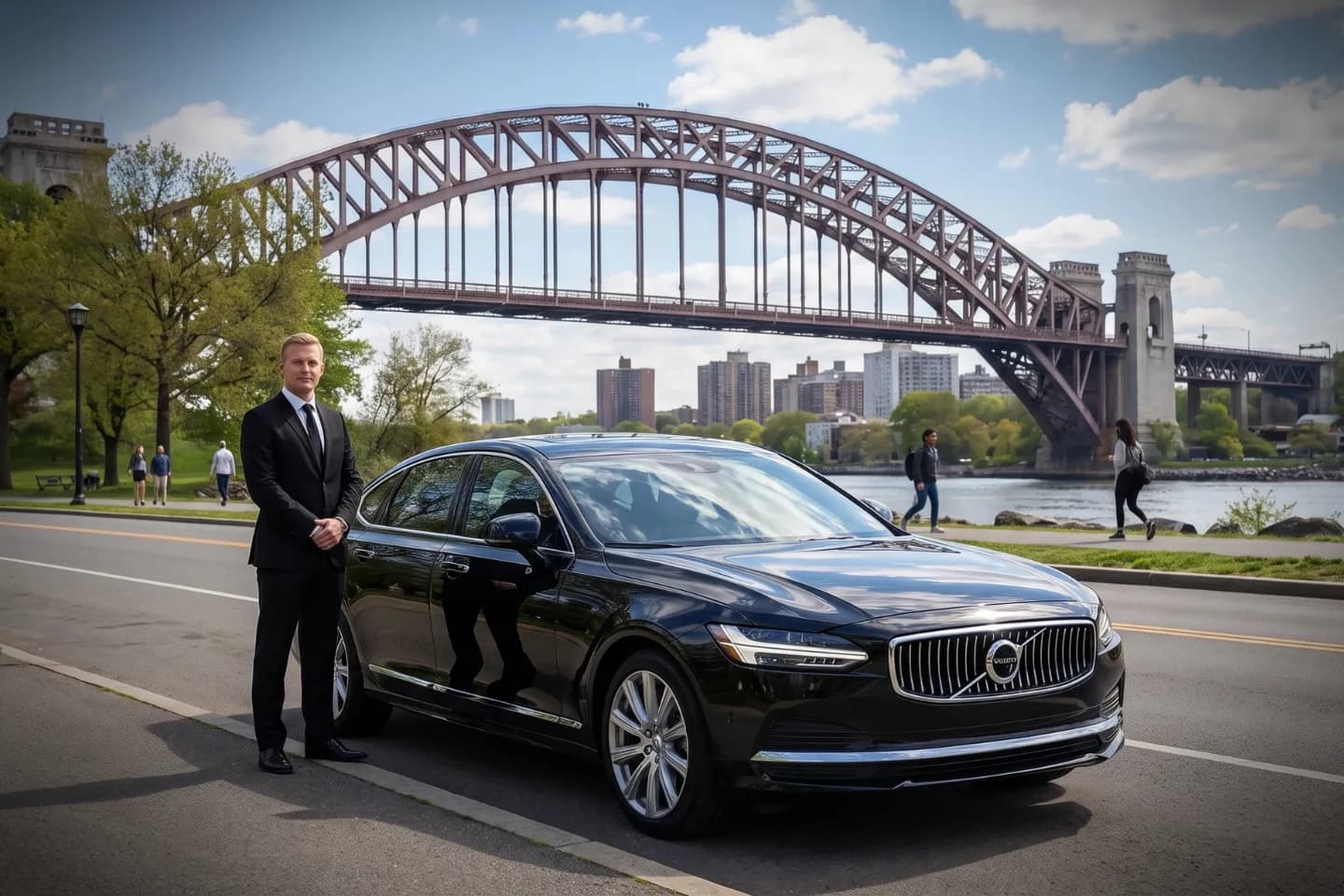 Black SUV crossing a bridge toward Randall's Island in New York City