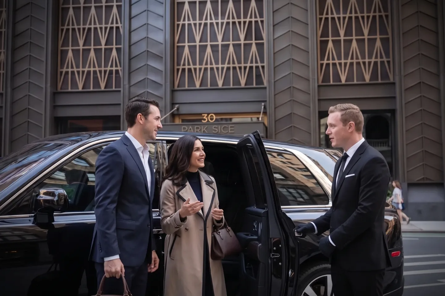 Luxury SUV picking up a traveler along a Rose Hill Manhattan block