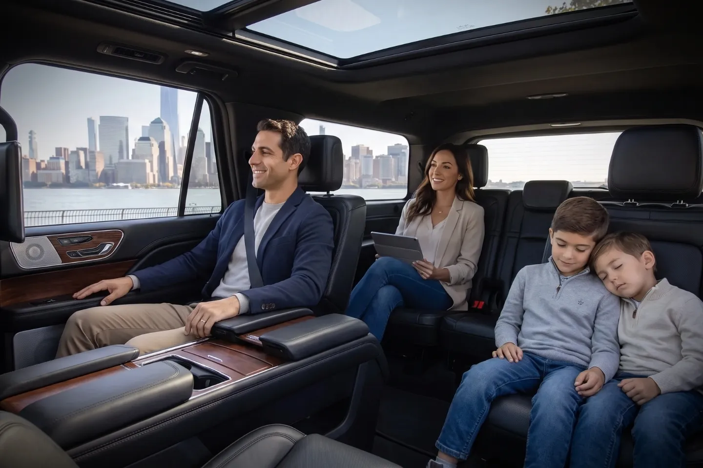 Professional chauffeur greeting a business traveler near Governors Island ferry, NY