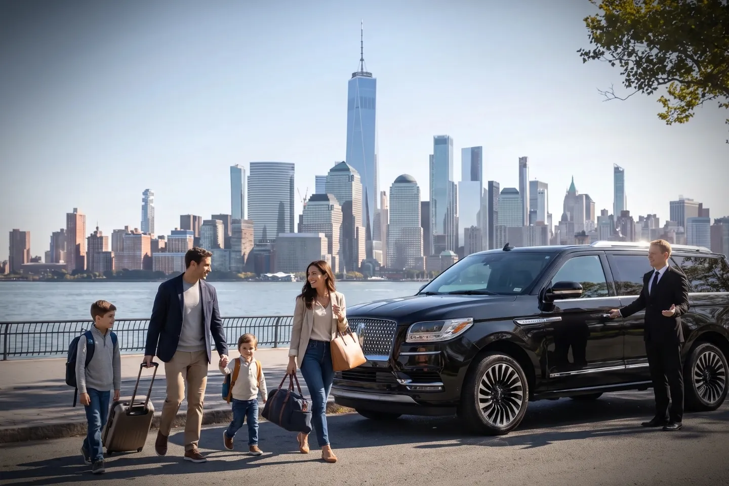 Premium black car driving along the Manhattan waterfront towards Governors Island ferry, NY