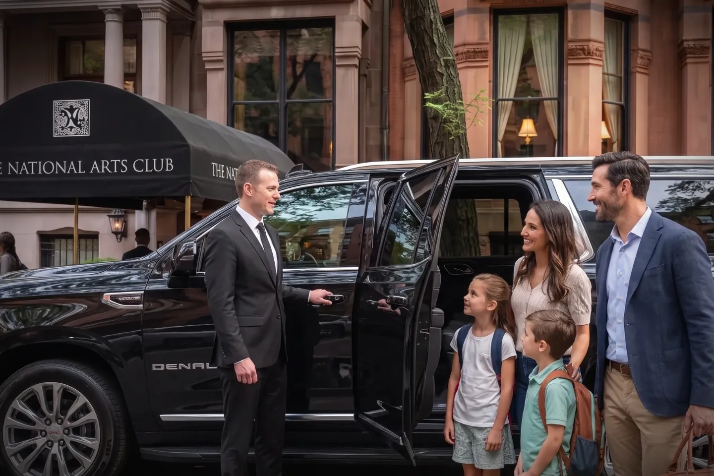 Suited chauffeur opening an executive black sedan door near Gramercy, NY