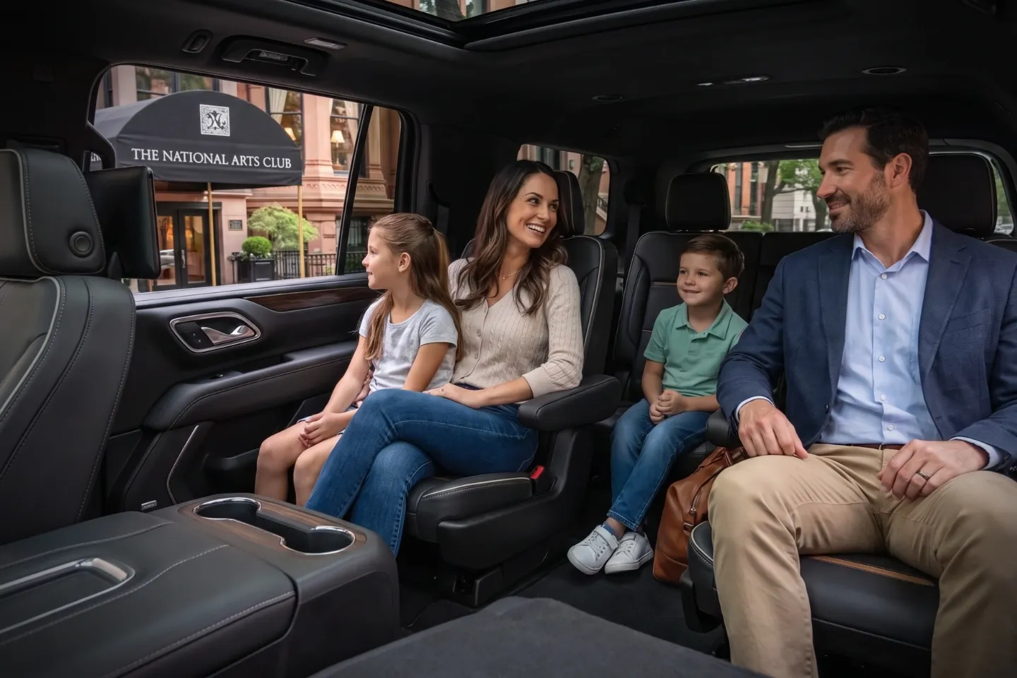 Premium black car driving past historic townhouses around Gramercy Park, Manhattan