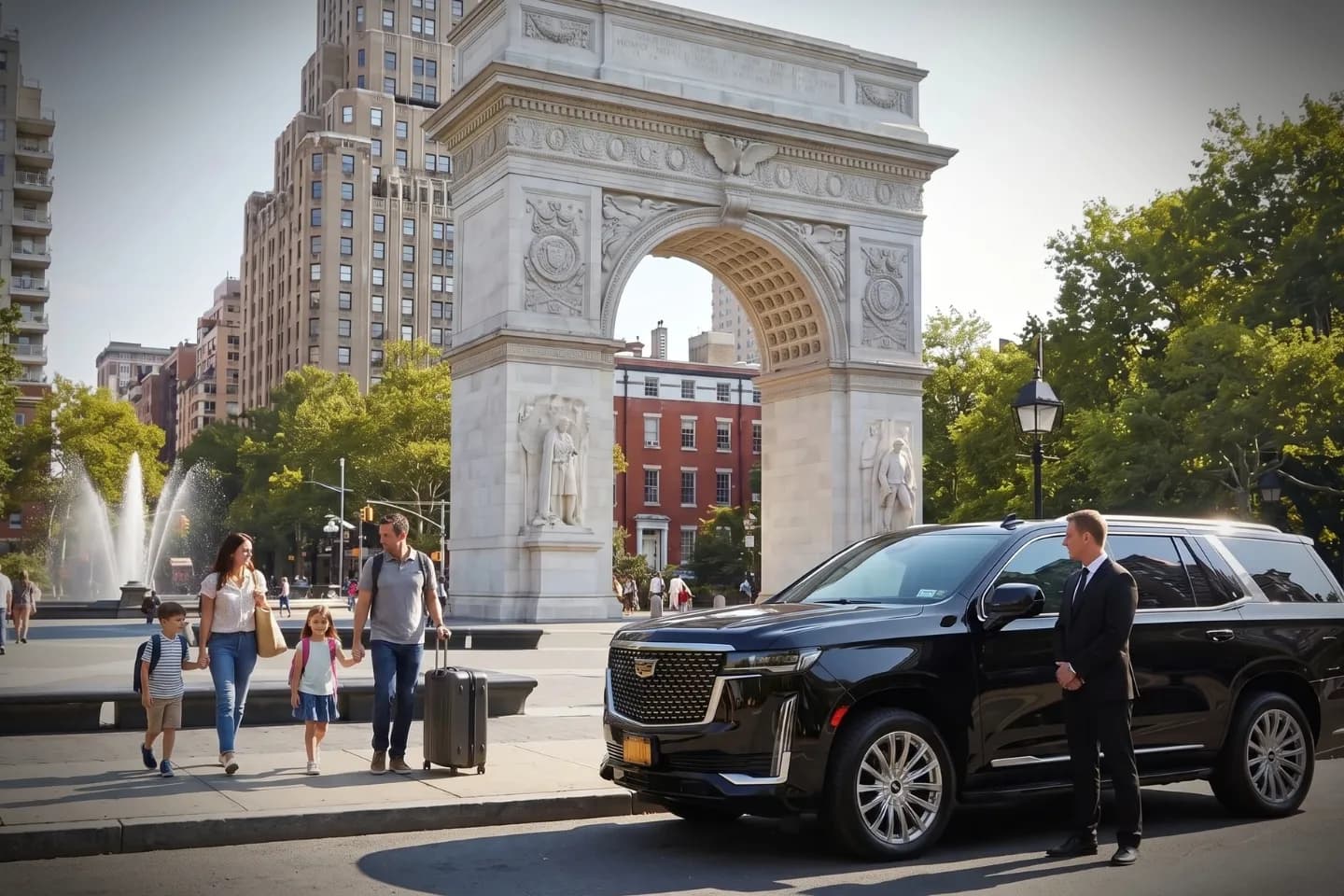 Luxury SUV waiting along a historic tree-lined street in Greenwich Village, NY