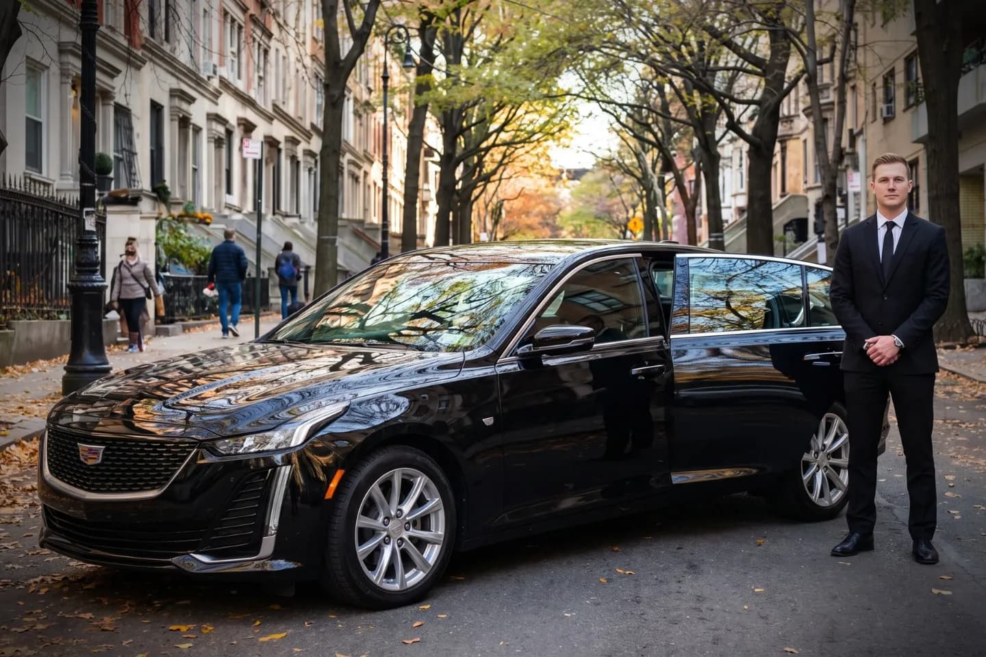 Suited chauffeur opening an executive black sedan door near Hamilton Heights, NY
