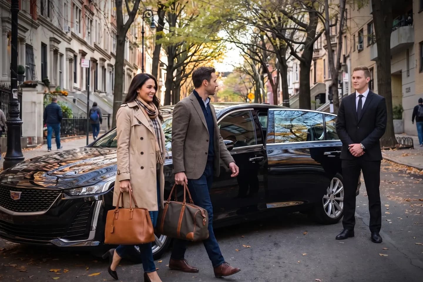 Premium black car driving past historic brownstones in Hamilton Heights, Manhattan