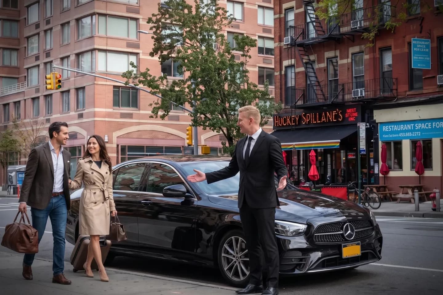 Private driver loading luggage into a vehicle trunk in Hell's Kitchen, NY