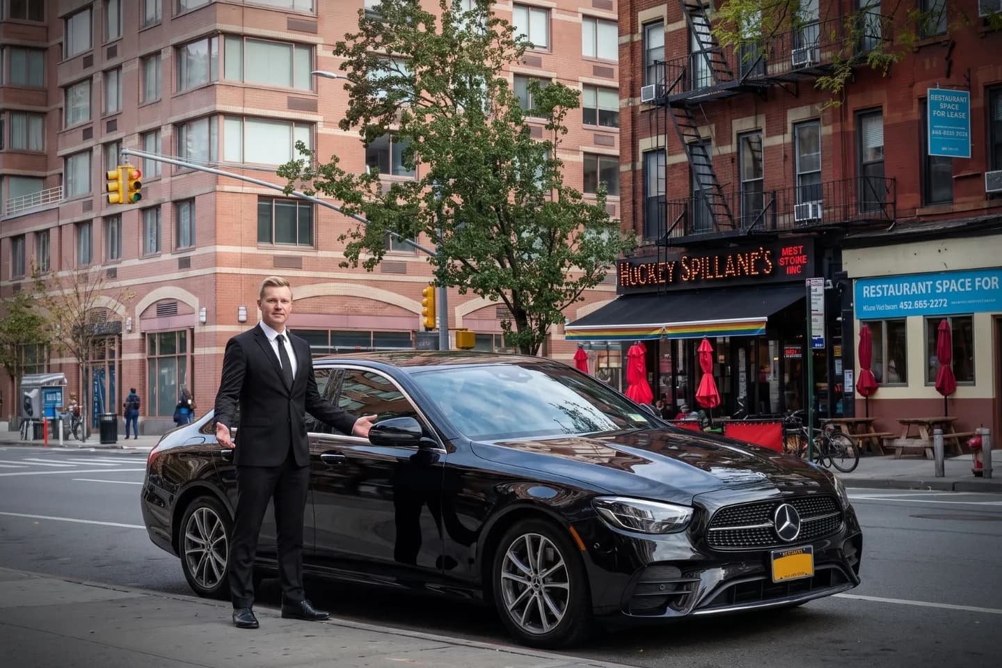 Suited chauffeur opening an executive black sedan door near Hell's Kitchen, NY