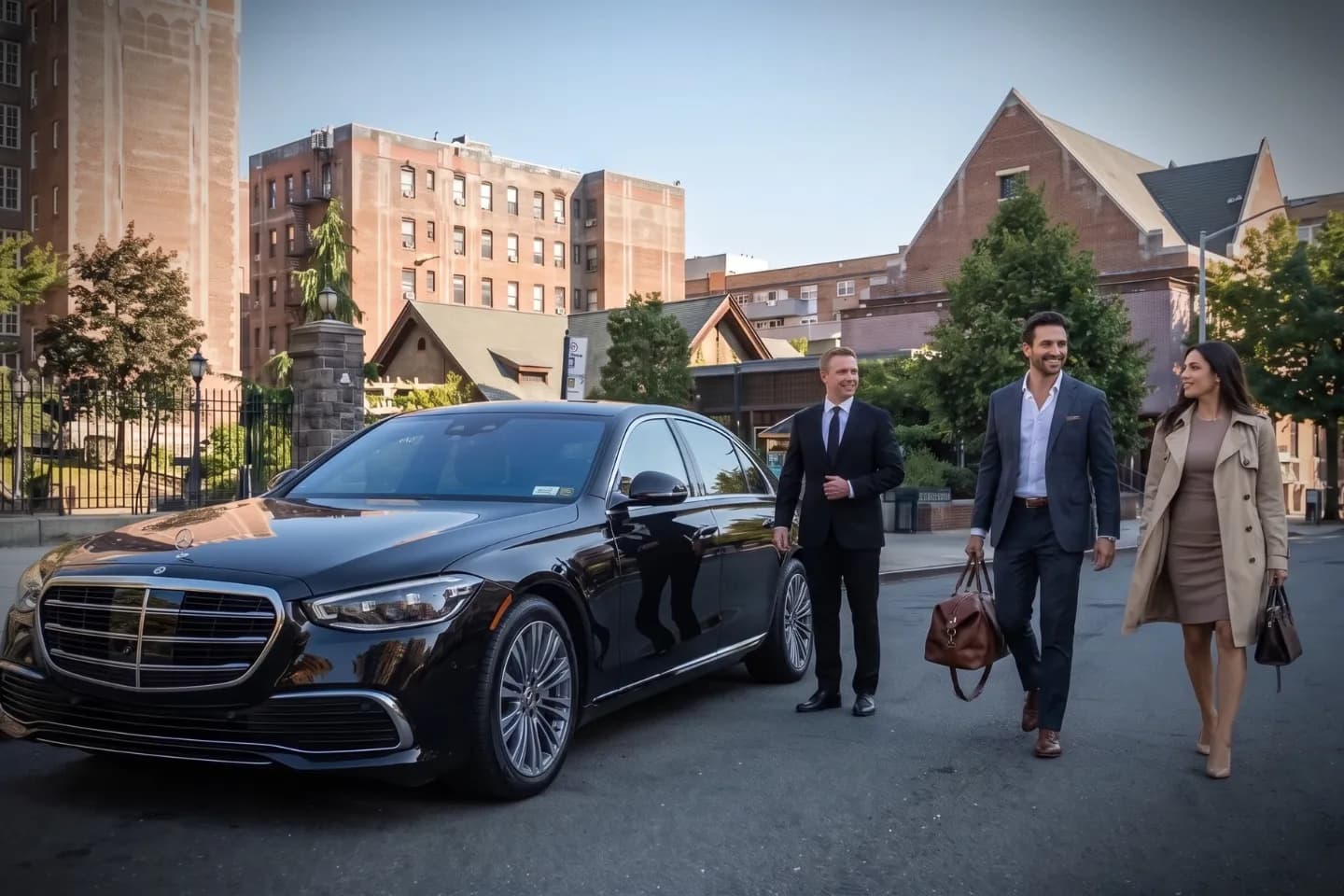 Premium black car driving past historic apartment buildings in Hudson Heights, Manhattan