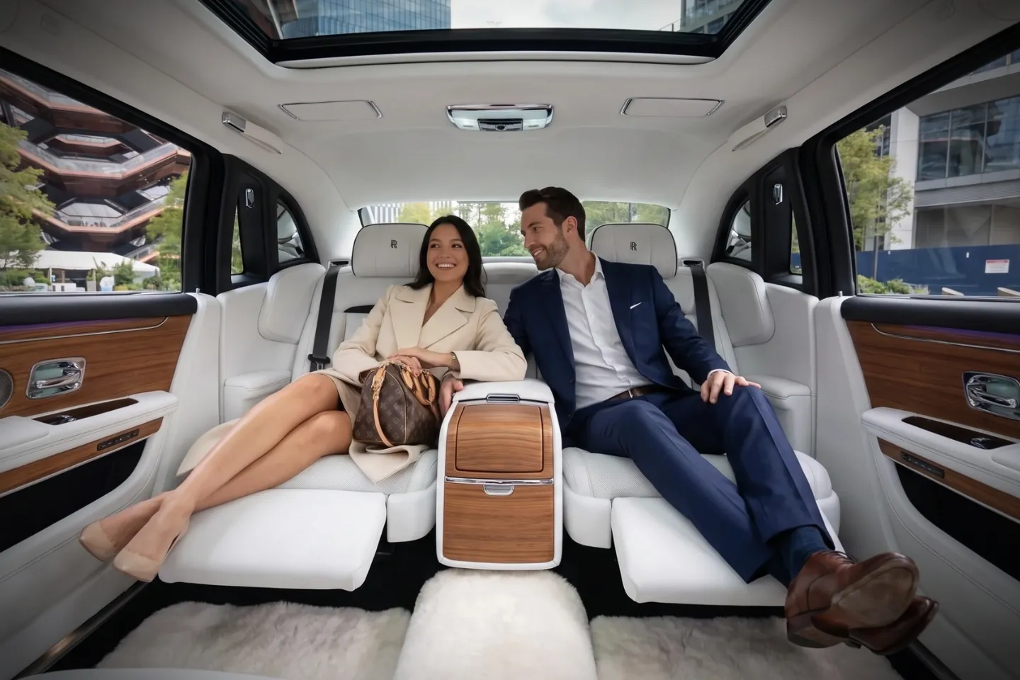 Professional chauffeur greeting a business traveler in Hudson Square, NY