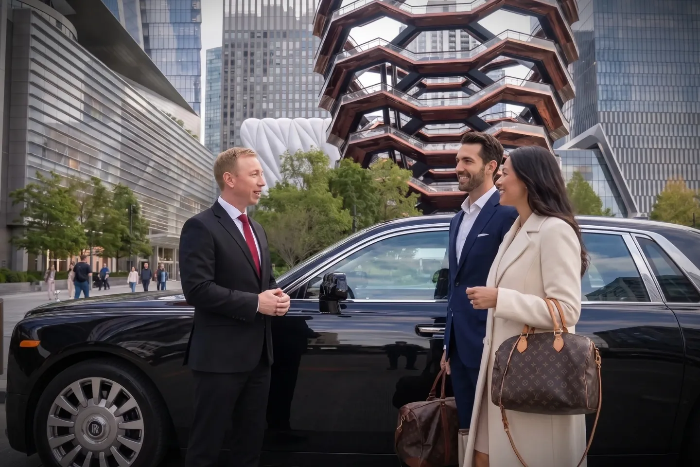Premium black car driving past historic industrial architecture and modern offices in Hudson Square, Manhattan