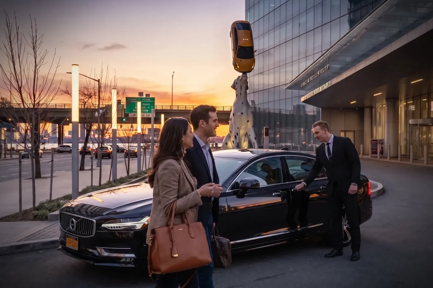 Premium black car driving past residential towers and riverfront paths in Kips Bay, Manhattan