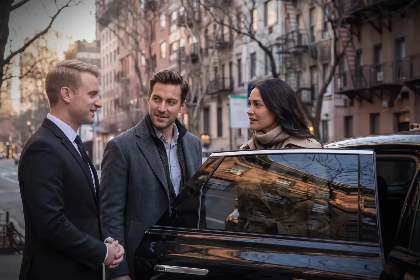 Premium black car driving past historic brownstones and medical centers in Lenox Hill, Manhattan