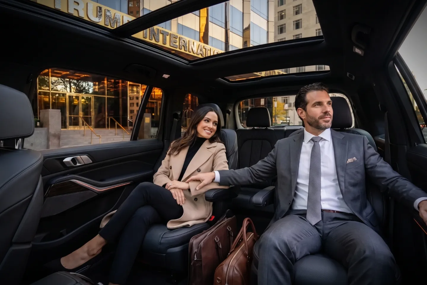 Premium black car driving past performative arts venues and modern high-rises in Lincoln Square, Manhattan