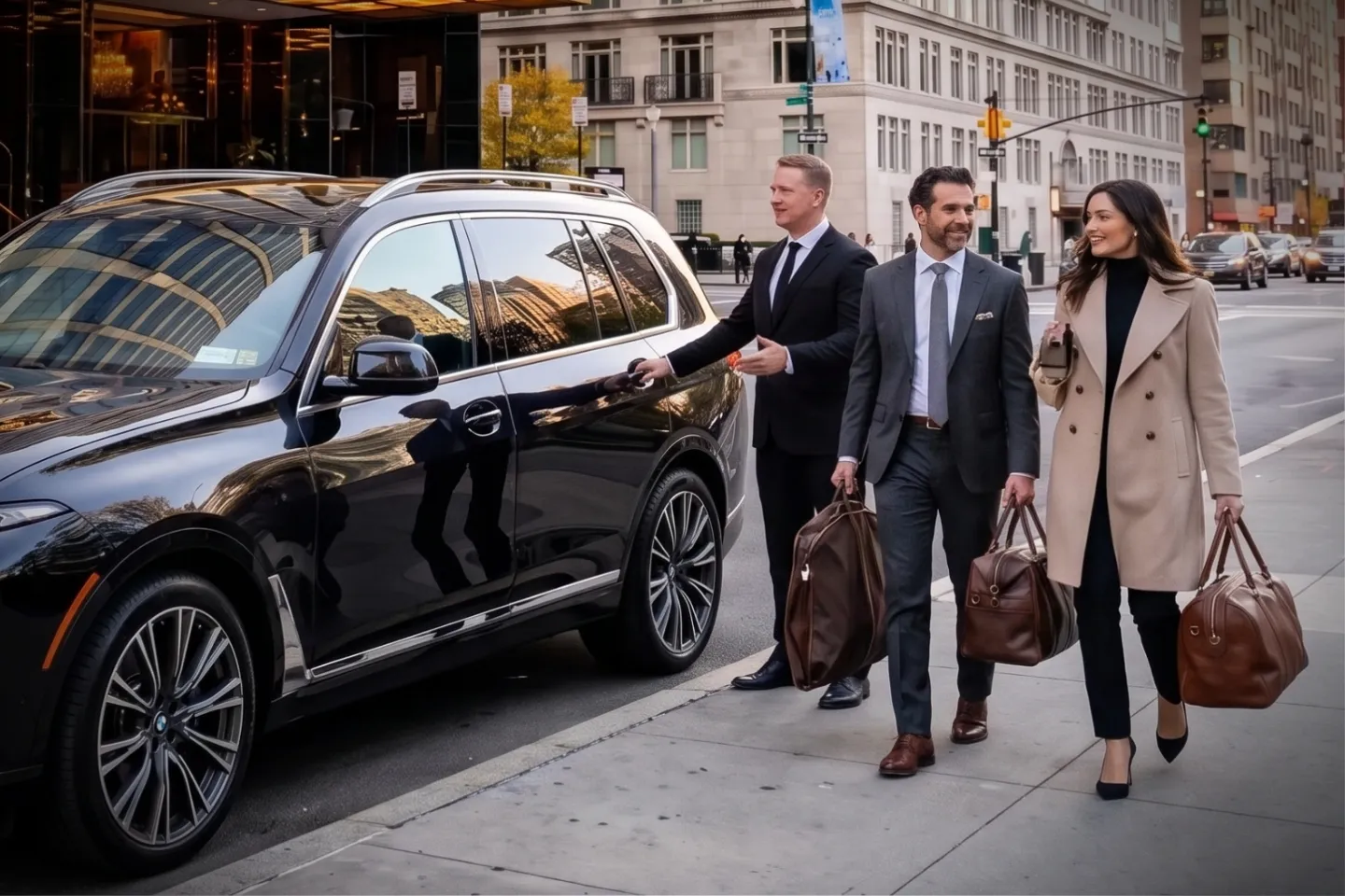 Professional chauffeur greeting a business traveler in Lincoln Square, NY