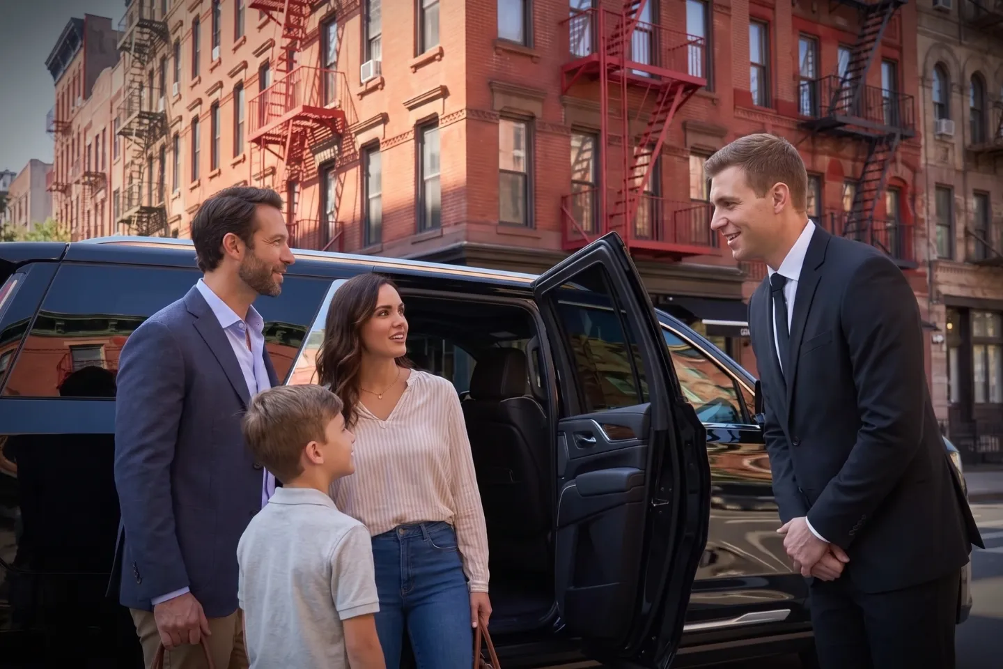 Professional chauffeur greeting a business traveler in Lower East Side, NY