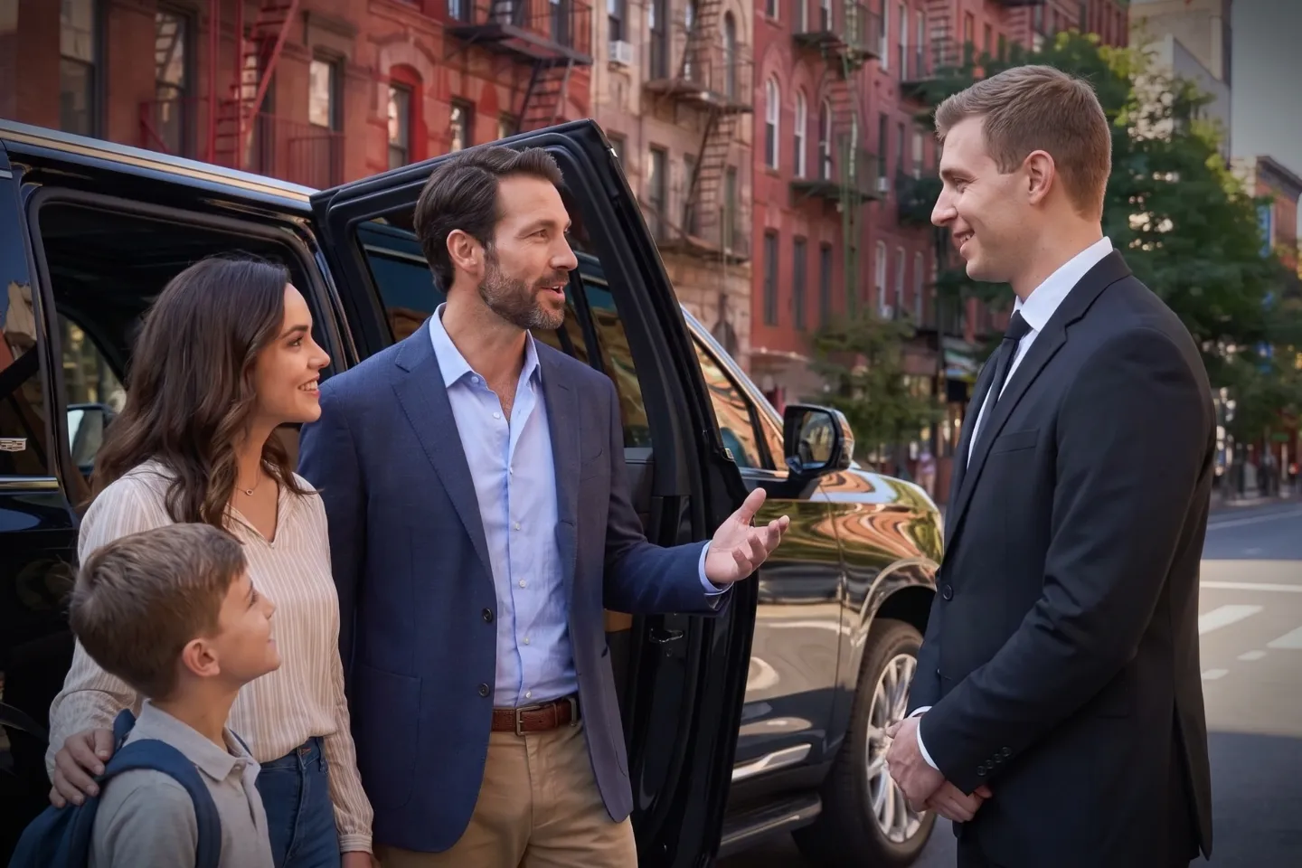 Premium black car driving past historic tenements and trendy venues in Lower East Side, Manhattan