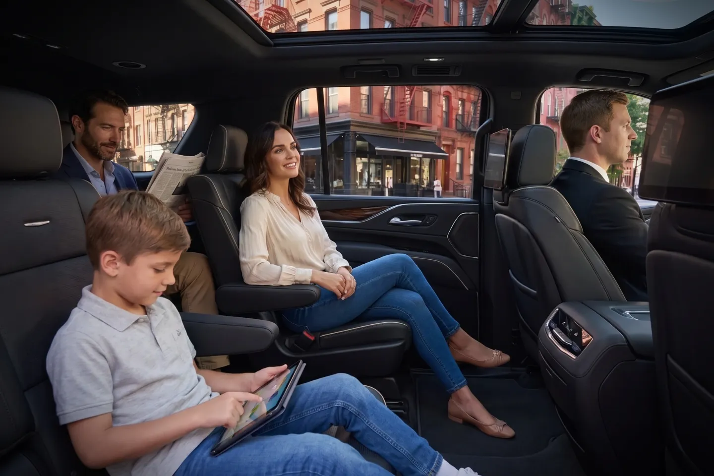 Suited chauffeur opening an executive black sedan door near Lower East Side, NY