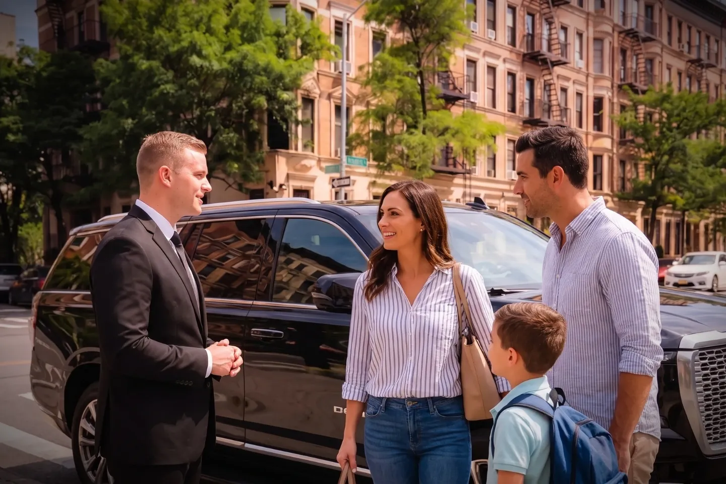 Premium black car driving past historic brownstones near Central Park in Manhattan Valley, Manhattan